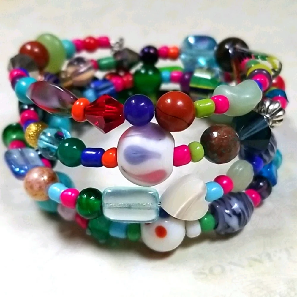 Hand Crafted Vintage Glass and Turquoise and Semi-precious Bead Wrap Bracelet - Picture 5 of 16